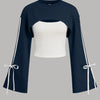 Side Striped Bowknot Sweatshirt & Solid Cropped Cami Top In Indigo And White