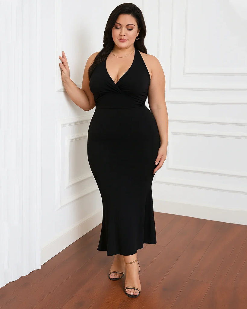 Solid Color Halter Backless Black Mermaid Dress Curve & Plus Solid Color Halter Backless Black Mermaid Dress Curve & Plus