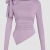 Round Neck Shoulder Tie Bow Asymmetric Hem Ruched Long Sleeve Top in Lilac