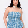 Gingham Strapless Ruched Peplum Top Curve & Plus in Royal Blue and Classic White