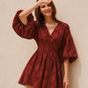 Embroidery Floral Puff Sleeve Ruffle Hem Mini Dress in Merlot