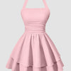 Halter Neck Ruched Waist Tiered Mini Dress in Baby Pink