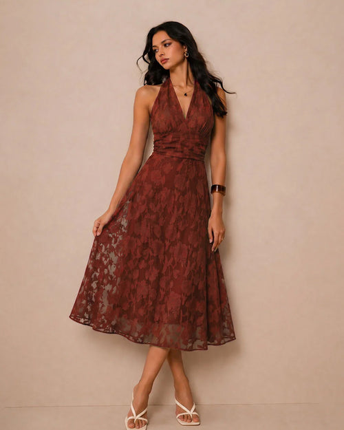 Floral Textured Halter Neck Waisted Midi Dress