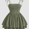 Tie Shoulder Layered Ruched Cami Dress In Herbal Curve & Plus
