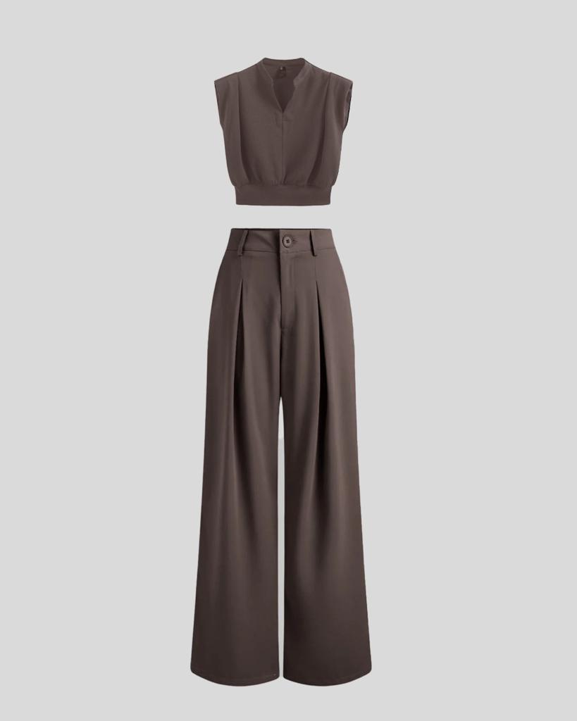 Crop Top with korean style trousers in chocolate brown