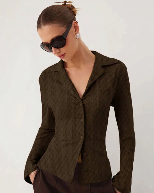 Collar Bell Sleeve Button Shirt in Coffee