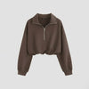 High Neck Loose-Fit Cropped Hem Solid Long Sleeve Hoodie in Chocolate