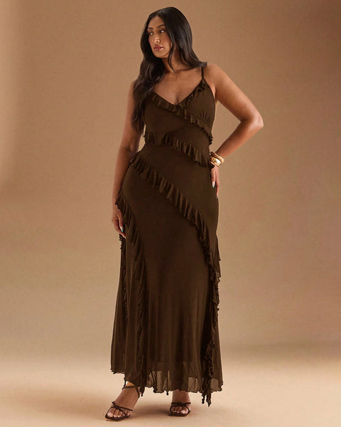 Mesh Ruffle Tiered Maxi Dress Curve & Plus in Coco