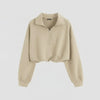 High Neck Loose-Fit Cropped Hem Solid Long Sleeve Hoodie in Beige