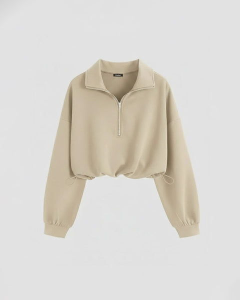 High Neck Loose-Fit Cropped Hem Solid Long Sleeve Hoodie in Beige