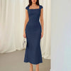 Navy Blue Square Neck Cap Sleeve Bodycon Midi Dress