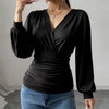 Black Crossover V Neck Ruffled Waist Bubble Long Sleeve Top