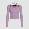 Solid lilac rib-knit full sleeve top with a wrap-front design and cut-out neckline for a sleek, sculpted look.