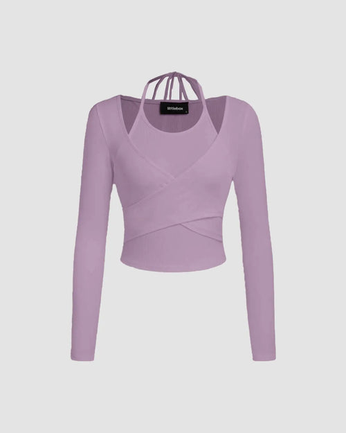 Solid lilac rib-knit full sleeve top with a wrap-front design and cut-out neckline for a sleek, sculpted look.