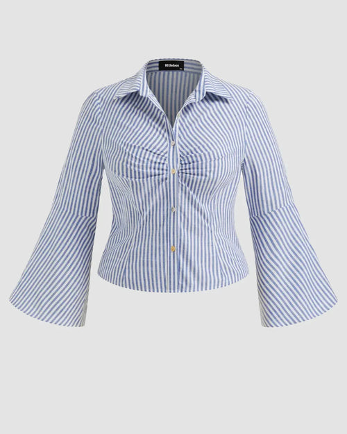 Blue Striped Flared Full Sleeve Shirt Curve & Plus