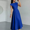 Boat Neck Flared Hem Midi Dress in Blue
