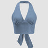 Solid French blue halter neck crop top with ruched detailing and a tie-back design for an adjustable fit.
