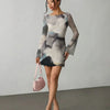 Abstract Print Sheer Long Sleeve Mini Dress