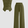 Solid Button Sleeveless Top With Solid Wide Leg Trousers In Avocado