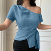 Off-Shoulder Fitted Wrap Top in Light Blue