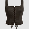 Square Neck Lace Corset Top with Boned Structure in Brown