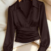 Coffee Solid Color Satin Long Sleeve Collared Waist Top