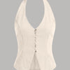 Denim Halter V-neck Split Front Top in Apricot