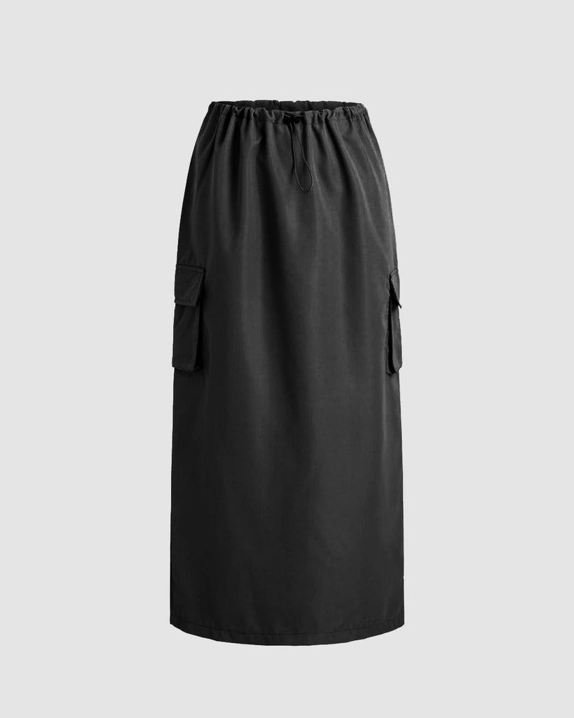 High Waisted Plain Slit Maxi Utility Skirt in Black 