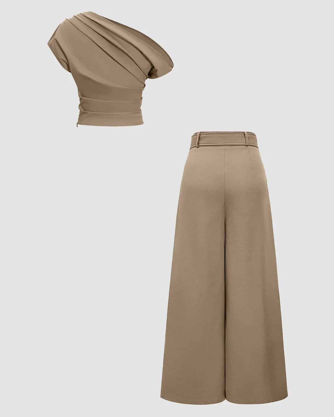 Latte One Shoulder Ruched Top & Wide-Leg Trousers Set