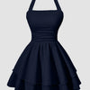 Halter Neck Ruched Waist Tiered Mini Dress in Navy Blue