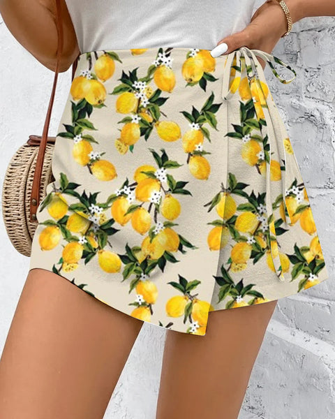 A-Line Fit Flared Hem Lemon Print Mini Skirt in Yellow Front View For Women | Littlebox India