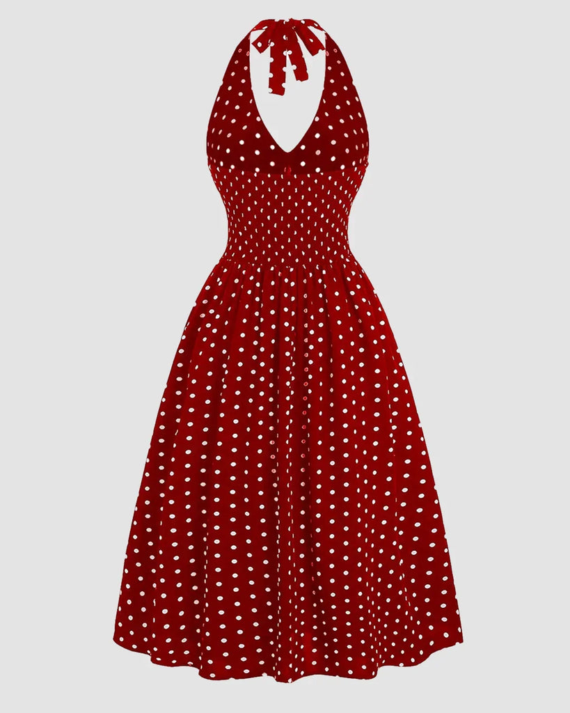 Red Halter Neck Backless A-Line Midi Dress
