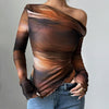 Abstract Print Asymmetric Neck Long Sleeve Fitted Top Front View For Women | Littlebox India