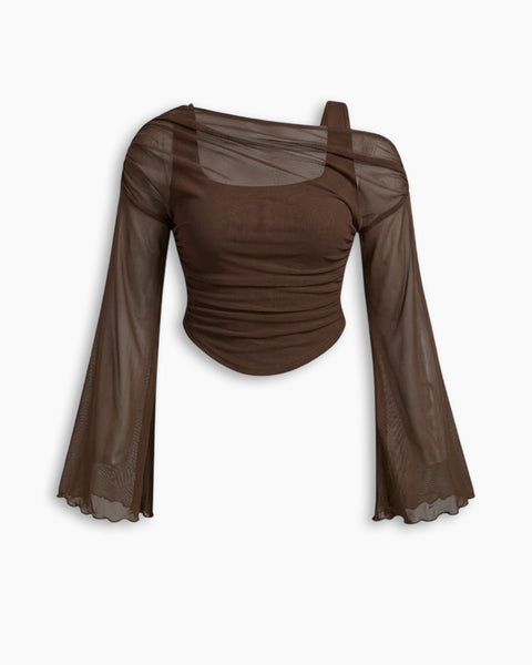 Front view of plus size womans top in coco brown with asymmetric neckline, sheer mesh sleeves and ruched fitted silhouette.