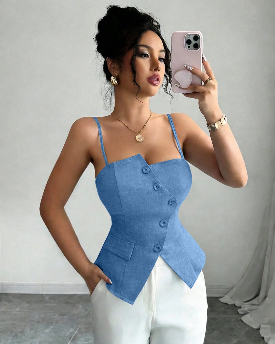 Asymmetric Cinched Waist Wrap Top in Light Blue- Littlebox India