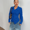 Women wearing Surf blue fitted shirt top with asymmetric hem, tailored silhouette and long sleeves