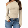 Asymmetric Neck Slim Fit Straight Hem Solid Full Sleeve Crop Top in Beige Front View for Women | Littlebox India