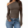 Asymmetric Neck Slim Fit Straight Hem Solid Full Sleeve Crop Top in Brown Front View for Women | Littlebox India