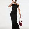 Asymmetric One-Shoulder Sleeveless Bodycon Mermaid Gown in Black Front View for Women | Littlebox India