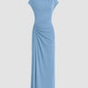 Asymmetric Ruched Cap Sleeve Maxi Dress in Powder Blue Front View for Women | Littlebox India