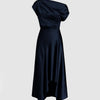 Navy Blue asymmetrical boat neck maxi dress with a draped one-shoulder design