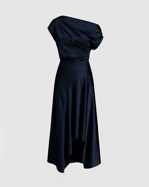 Navy Blue asymmetrical boat neck maxi dress with a draped one-shoulder design