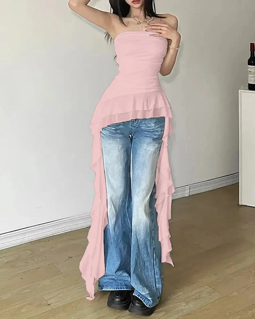 Asymmetrical Ruffle Ruched Asymmetrical Cold Shoulder Ruffle Trim Ruched Tube Top In Light Pink ...