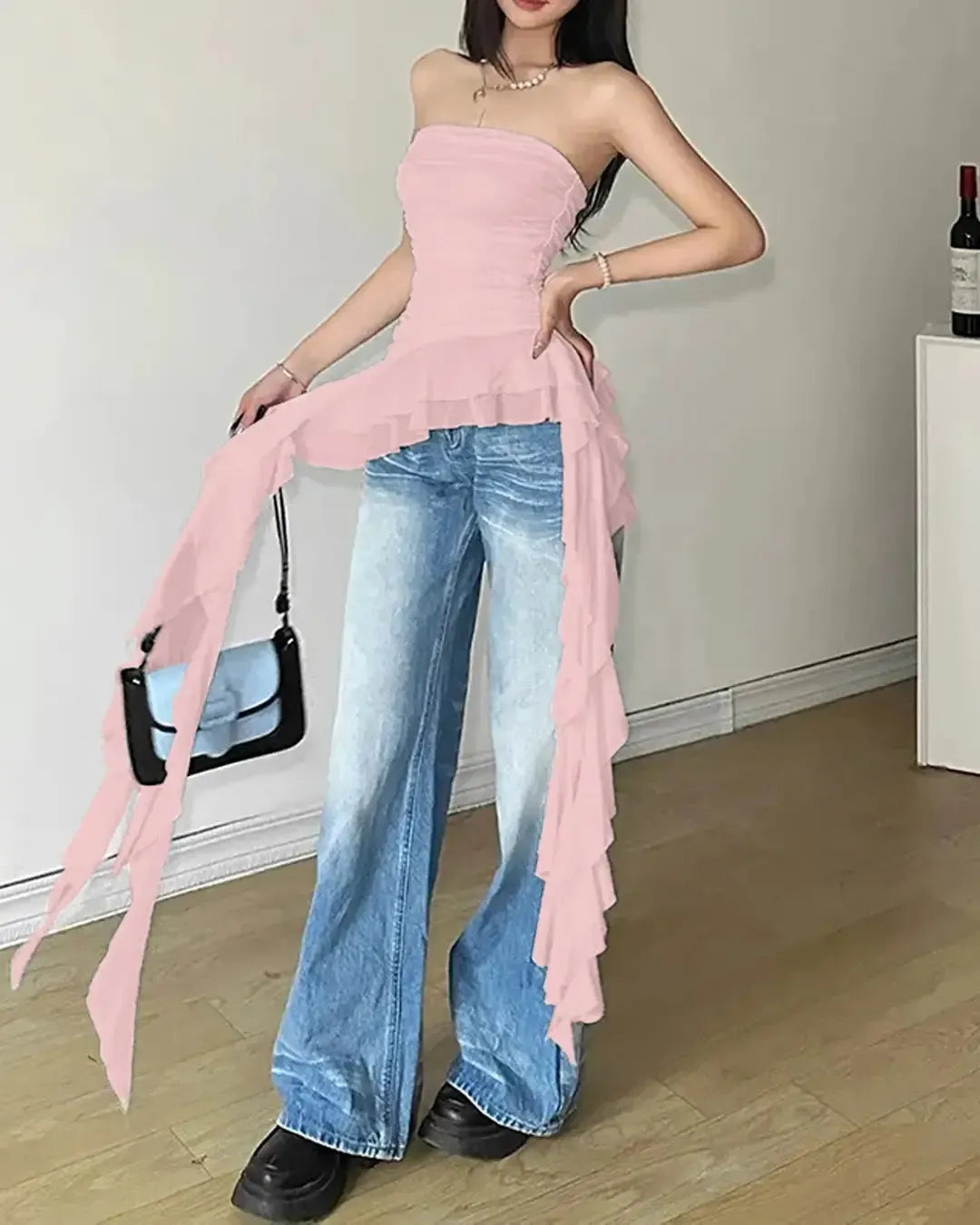 Asymmetrical Cold Shoulder Ruffle Trim Ruched Tube Top In Light Pink