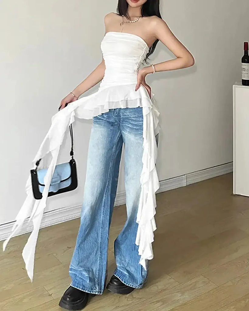 Asymmetrical Ruffle Ruched Asymmetrical Cold Shoulder Ruffle Trim Ruched Tube Top In White ...