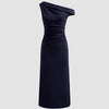 Dark navy asymmetrical midi dress featuring elegant draping and a side slit for a fluid, sophisticated look.