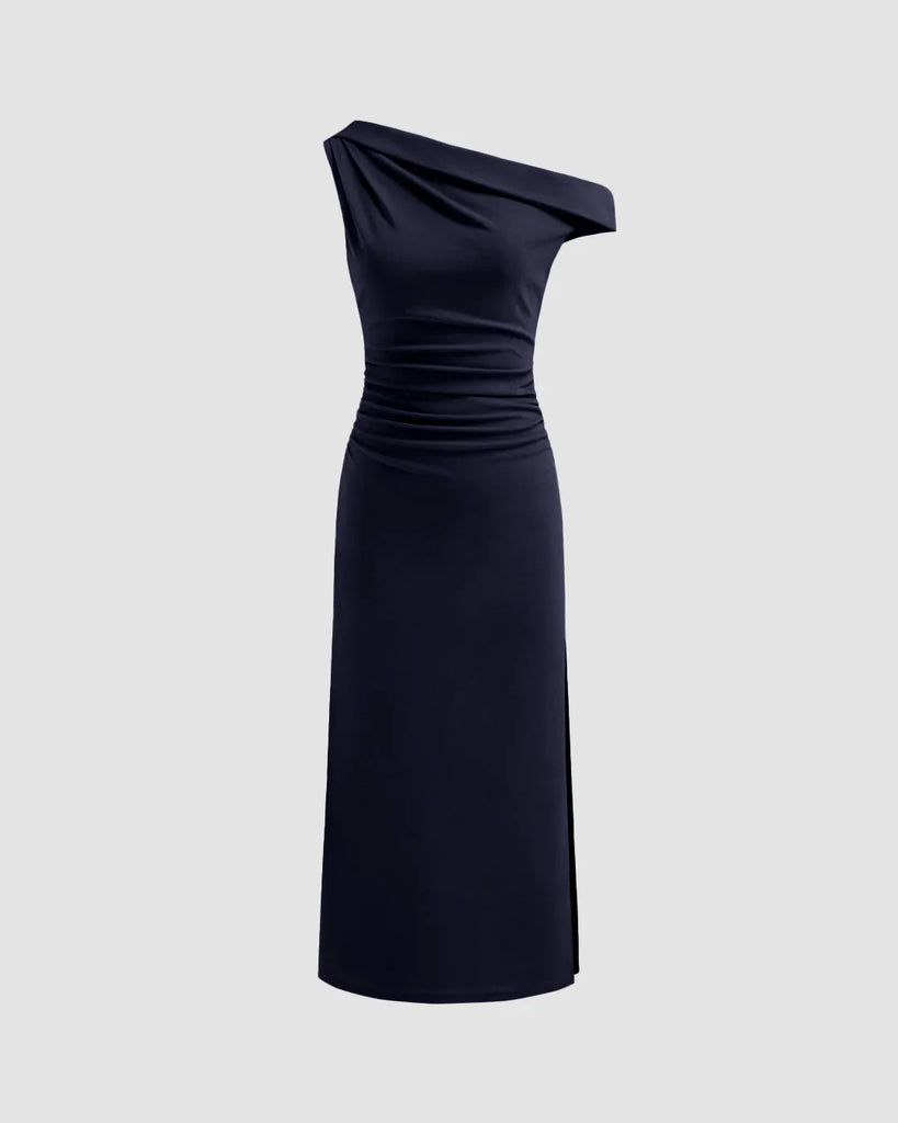 Dark navy asymmetrical midi dress featuring elegant draping and a side slit for a fluid, sophisticated look.