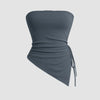 Asymmetrical grey floral strapless off-shoulder top with a side tie and ruched detailing