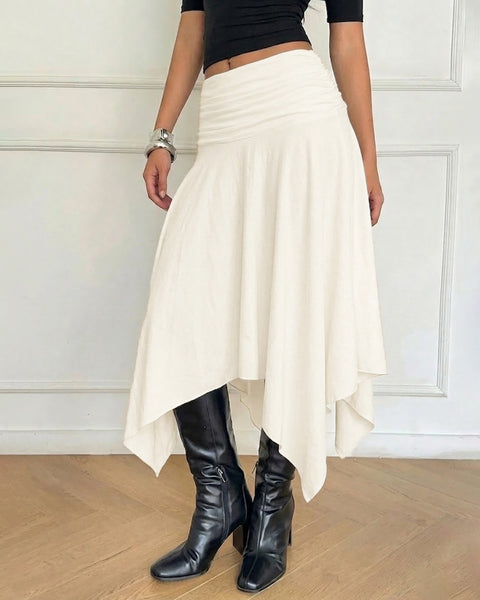 Asymmetrical Flowy Midi Skirt in Classic White Front View For Women | Littlebox India