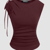 Asymmetrical Neck Bowknot Cinched Waist Top in Maroon Front View for Women | Littlebox India